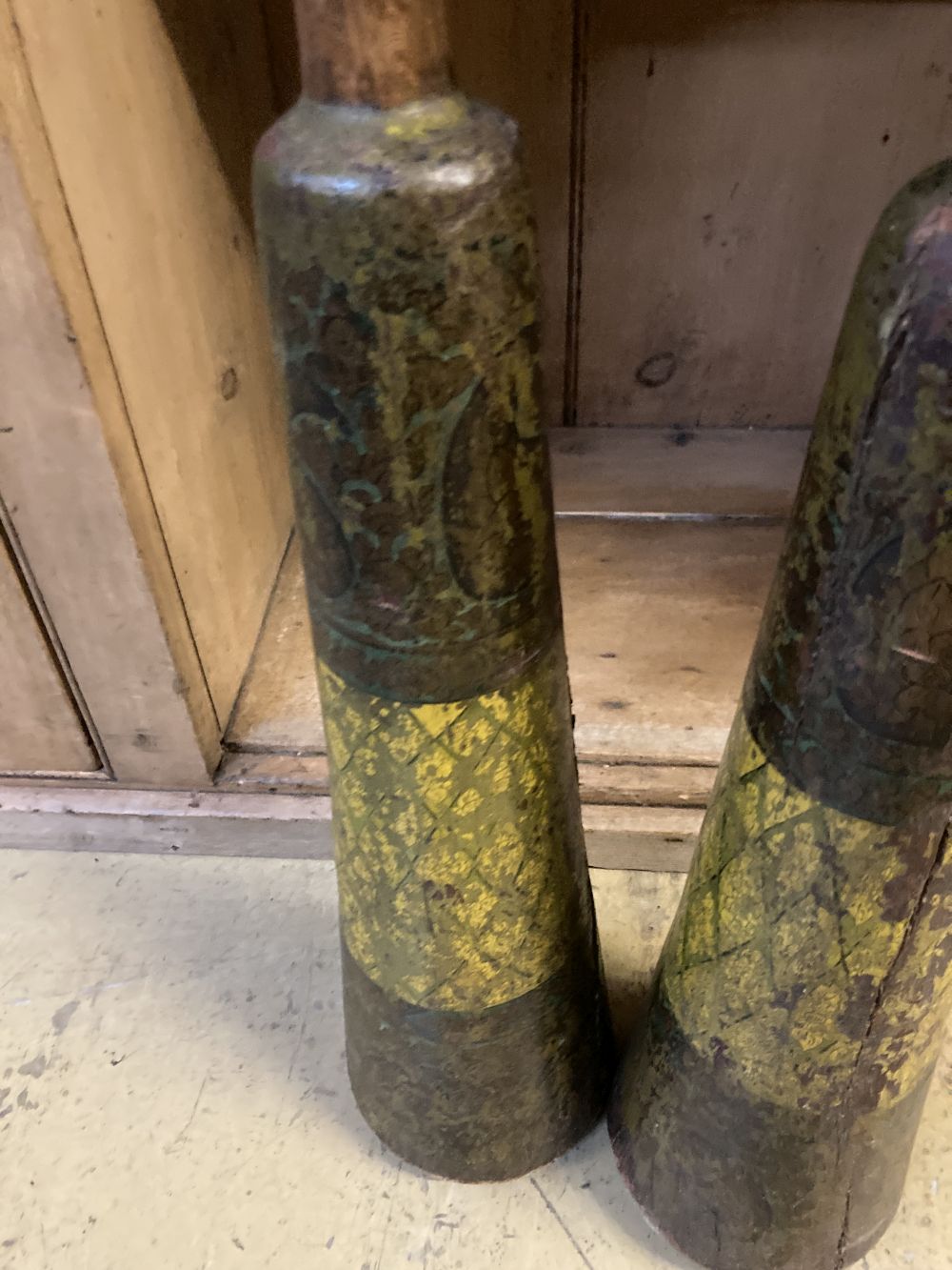 A pair of 19th century Continental painted wood skittles, height 66cm